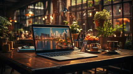 An office scene full of success stories in the background. There is a laptop and notepad on the table