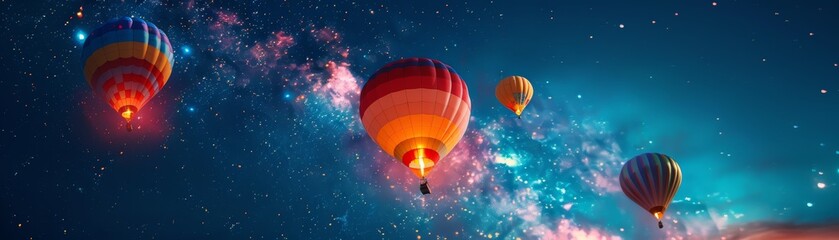 Fototapeta premium Hot air balloons float against a breathtaking night sky filled with stars and the Milky Way, creating a surreal and magical atmosphere.