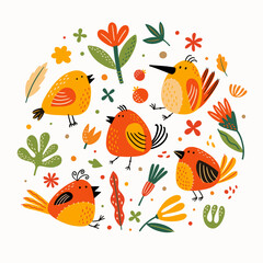 Cute decorative birds among flowers and leaves. Funny birds. Cheerful inhabitants of the forest. Children's vector illustration on a light background.