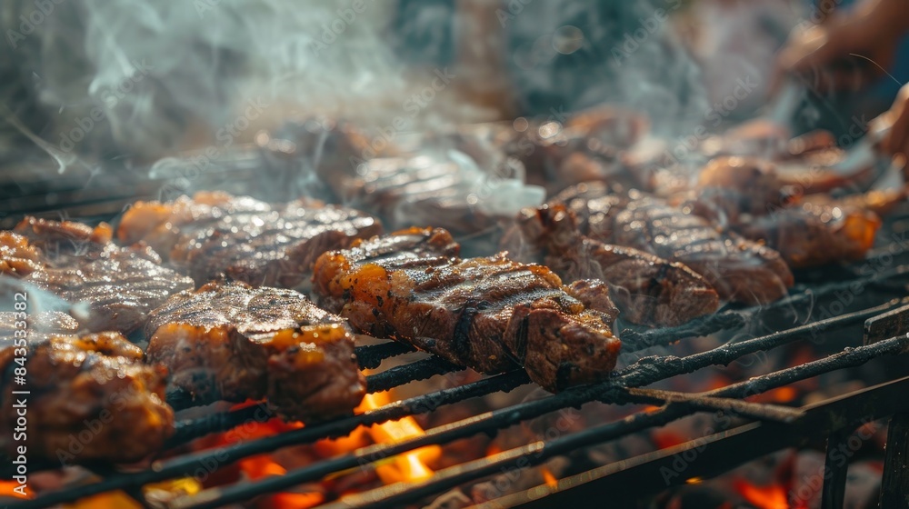 Wall mural Smoky hamburger meat grilling for burgers. Fry on an open fire on the grill - bbq.Burgers and sausages Cooking Over Flames On The Grill.