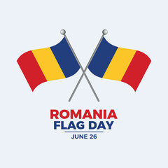 Romania Flag Day poster vector illustration. Two crossed Romanian flags on a pole icon. Waving Romania flag symbol. Template for background, banner, card. June 26 every year. Important day
