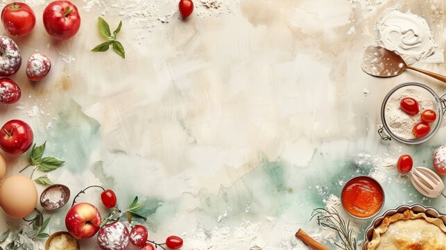 Rustic kitchen background with tomatoes, eggs, and pie. Ideal for recipes, food blogs, and culinary projects. Copy space in the center.