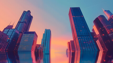 Modern futuristic abstract of minimalistic cityscape with twilight sky. Artistic towering skyscraper background with gradient sky in evening time while people turning on the light in tower. - Powered by Adobe