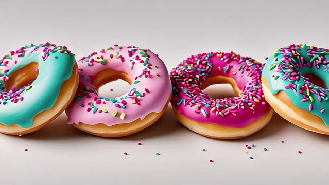 A stack of donuts with a soft pastel-colored topping, on plain background. Delicious donuts with colorful colored glaze. Generative AI