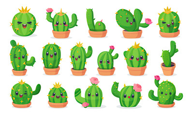 Obraz premium A collection of cute illustrated cacti and succulents in various pots, designed in a vibrant and exotic style. Cute illustrations of cacti in a simple drawing style on a transparent background, PNG.