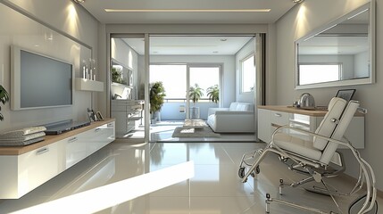 The apartment caters to the needs of a disabled individual. Include furniture and fixtures that enhance accessibility and comfort. Consider aspects such as wheelchair-friendly pathway. Generative AI.