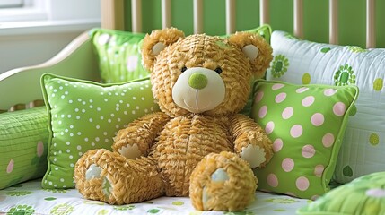 A brown teddy bear is seated comfortably on the bed, looking adorable and cuddly