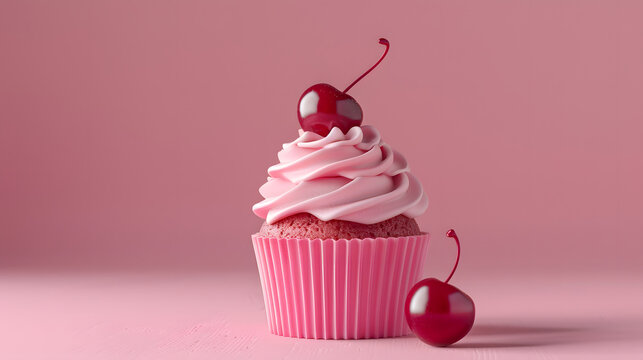 3D render of a pink cupcake with a cherry on top. Minimal background. Simple composition. High resolution. High quality. 