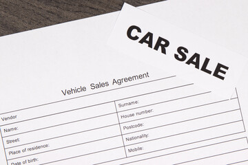 Inscription car sale and vehicle sales agreement. Sales, purchases of automobile. Transportation