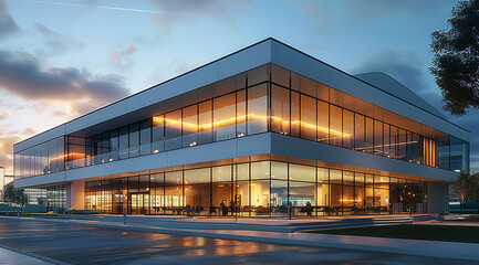 Obraz premium Exterior elevation of commercial building in the evening. Generative AI.
