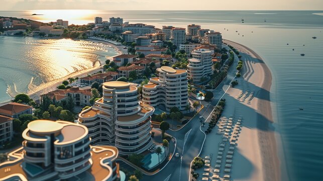Big real estate complex near the sea, modern technology, investment, luxury real estate, city near sea, sunny day. Aerial high view. Generative AI.