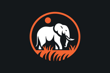 Elephant in the savannah at sunset. African landscape. Logo, icon, emblem. Silhouette. Modern simple vector illustration. Orange color