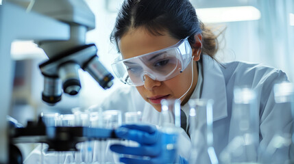 female scientist in protective gear is working on an experiment at the lab, surrounded by test tubes