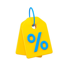 Yellow and blue discount tag for sales and shopping online. Price percent emblem offer promotion isolated. Black Friday and sale event concept. 3d rendering.