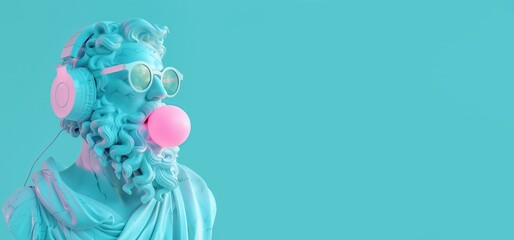 Modern collage of antique statue with buble gum, glasses and music headphones, pop art style. Space...