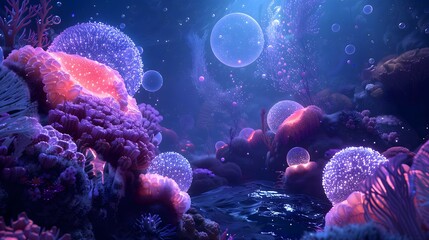 Obraz premium Fantasy Underwater Scene with Glowing Coral and Bubbles
