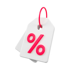 White and red discount tag for sales and shopping online. Price percent emblem offer promotion isolated. Black Friday and sale event concept. 3d rendering.