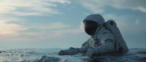 Naklejka premium An astronaut in full space suit floats on the surface of a calm ocean under a cloudy, yet serene sky, blending elements of space and sea.