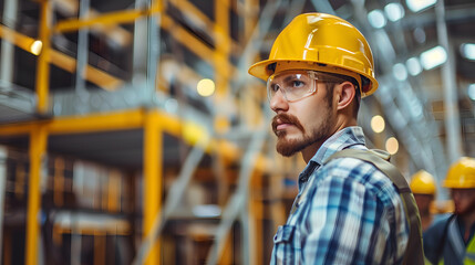 worker in hard hat and safety glasses standing at warehouse with blurred background