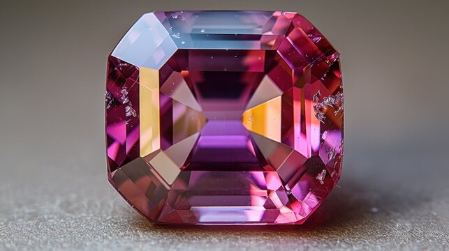 Grown Emerald cut octo rubellite stone front like diamond, some orange facets, saturate colors, no inclusions, perfect round, shiny and sparkling,
