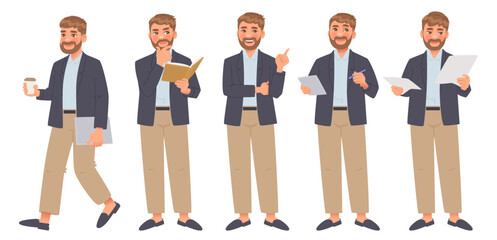 Business man character set. Man looks at the report, takes notes, reads, points. Full length guy in a business suit. Vector illustration