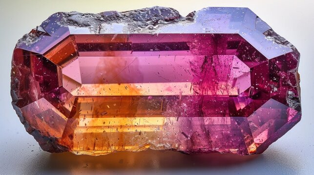 Grown Emerald cut octo rubellite stone front like diamond, some orange facets, saturate colors, no inclusions, perfect round, shiny and sparkling,