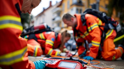 Emergency Responders Using Defibrillator: Shallow Depth of Field with Copy Space