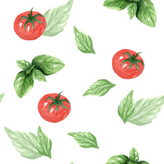 Seamless pattern from tomatoes and green basil, herbs. Hand drawn watercolor illustration on white background. Template for design menu, textiles, printing, packaging.