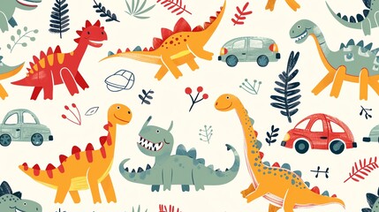 Seamless pattern of hand-drawn cartoon dinosaurs and toy cars, creating a vibrant and adventurous look for kids
