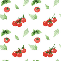 Seamless pattern from tomatoes and green basil, herbs. Hand drawn watercolor illustration on white background. Template for design menu, textiles, printing, packaging.