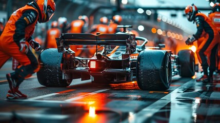 Formula 1 Race Car in Pit Stop Surrounded by Crew in Orange Suits, Capturing High-Speed Teamwork, Strategy, and Motorsport Intensity