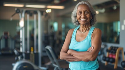 Fototapeta premium Fitness And Wellbeing, Elderly Bangladeshi Female Trainer, Health Motivation, Gym and Exercise Coach, Diverse Wellness Inspiration