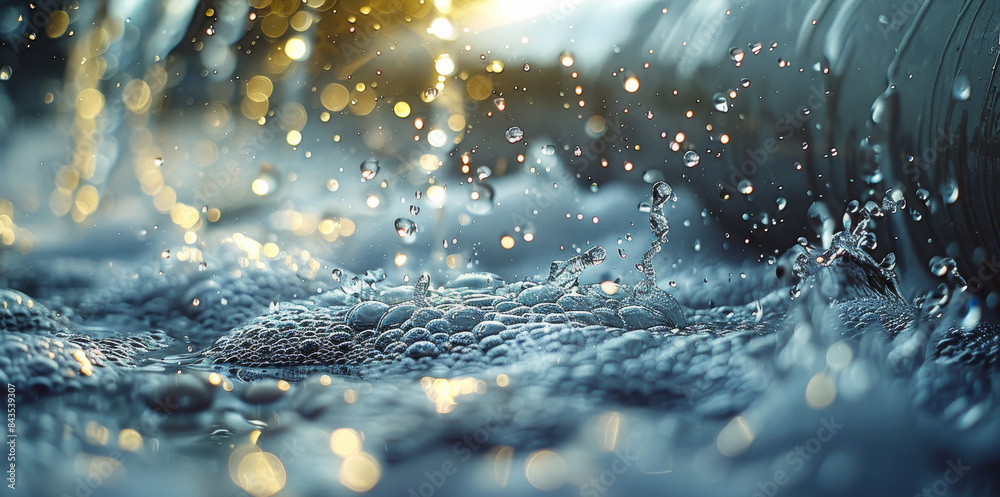 Poster water leaking from a worn-out pvc pipe, with droplets glistening in the light and splashing onto the