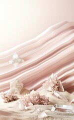Creative wallpaper abstract image of white round smooth pebbles under clear water with waves. gentle, light cart background. View from above. Place for text