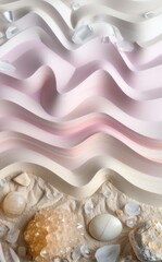 A beach scene with a wave of pink and white sand and rocks. The sand is covered in small white rocks and shells, giving it a beachy and relaxing atmosphere