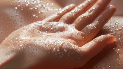 Fototapeta premium Close-up image of a water-soaked hand with water droplets, capturing the texture and shine of skin under moisture. Perfect for wellness themes.