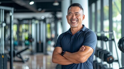 Smiling Middle-Aged Indonesian Male Fitness Trainer in Gym, Promoting Health and Wellness, Ideal for Fitness Marketing