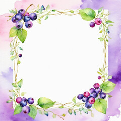 Berry fruits and vines frame with white blank space background, watercolor painting style, generative AI.