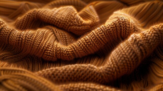 Close-up of warm, brown knitted fabric with textured patterns. Perfect for showcasing cozy textiles and winter garments.