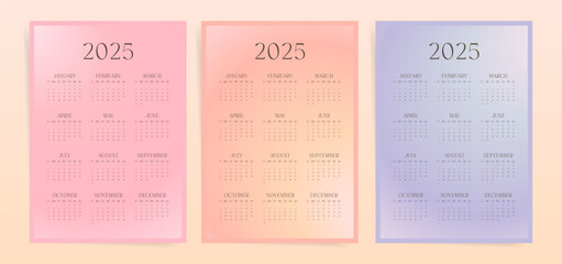 Wall creative 2025 year one page calendar with blurred gradient. Colorful cute template for 12 months. Yearly cute fun 2025 calendar set.