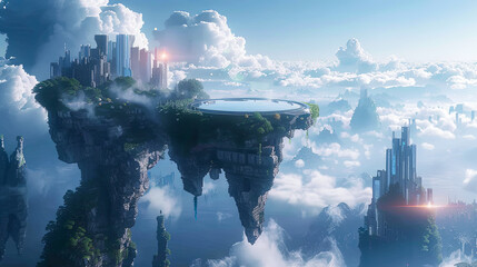 Fototapeta premium Fantasy alien planet and city. 3D rendering. Mixed media