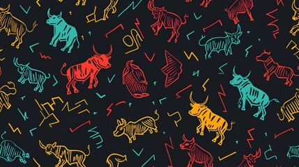 Hand-drawn seamless pattern featuring bullish and bearish stock market symbols, perfect for an energetic and analytical look