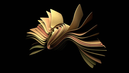 Folded and undulating fabrics in various shades of green form a butterfly-like shape at the center of the composition, creating a visually striking and organic design.