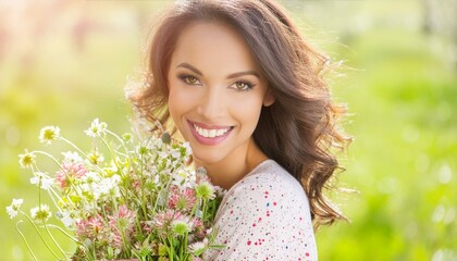 Naklejka premium Portrait of beautiful young woman holding bouquet of flowers in field. Smiling happy girl enjoying in nature.