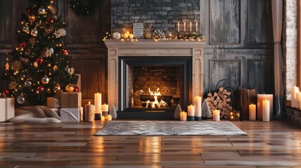 Elegant Christmas setup with fireplace - An elegant Christmas living room with fireplace and beautifully adorned tree