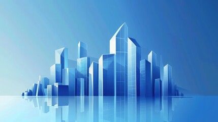 An abstract vector skyline with geometric shapes forming a series of modern buildings, set against a gradient blue background to convey innovation.