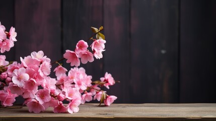 Cosmetic background. Wooden table and cherry blossoms for product presentation. Spring pink sakura branch with on a stand.