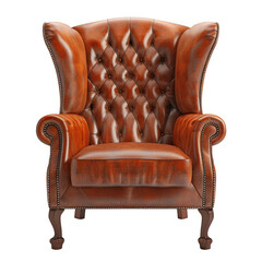 A classic brown leather armchair with tufted upholstery, isolated on white background. transparent background. cut out. PNG