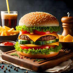 Generative AI image of yummy burger with grilled meat topped with vegetables tomatoes ketchup sliced onions cheese fresh lettuce and soft buns placed on board with fries