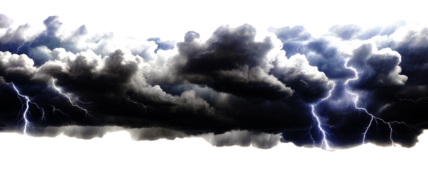 Black storm clouds with blue lightning and smoke isolated on a transparent background cut out.
